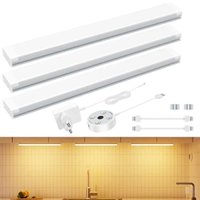 Imagen de HighLuc Luz Led Cocina, Armario con Sin Contacto, 3 * 30cm Luces Cocina Debajo Mueble Enchufe, Regulable Lampara Adhesiva para Gabinete, Estanteria, Sótano, Garaje