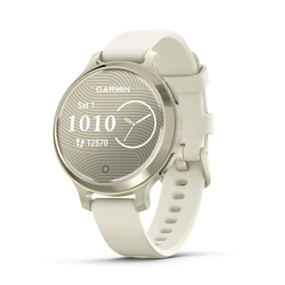 Imagen de Garmin Lily 2 Active, Reloj Inteligente con GPS, Diseño Elegante, Datos de Salud y Forma Física, Pantalla Táctil, Notificaciones Inteligentes, Autonomía hasta 9 días, Dorado Correa Blanca
