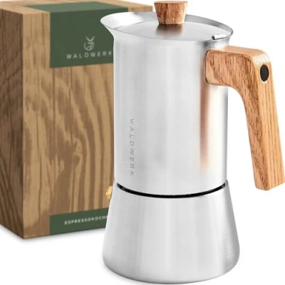 Imagen de WALDWERK Cafetera expreso (300 ml) de inducción apta para todo tipo fuegos moka acero inoxidable con mango madera roble auténtico