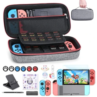 Imagen de innoAura Funda para NS Switch Accesorios 18 en 1 con Carcasa de Transporte Switch, Videojuegos Protector Pantalla Soporte Switch(Gris)