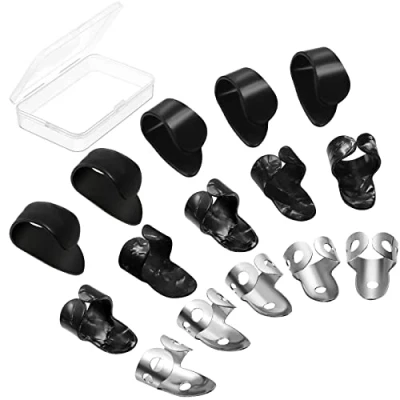 Imagen de Swiixxer 15 Piezas de PúAs Guitarra, Anillo Pulgar, Dedo Acero Inoxidable para Guitarra AcúStica, Bajo Banjo (Negro + Plateado)