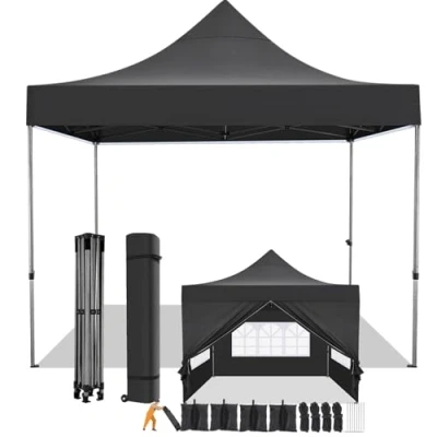 Imagen de COBIZI Carpa Plegable 3x3 con Pared Lateral,Impermeable Plegable,Carpas para Exteriores Pergola,Cenadores Jardin Fiesta Camping Playa (3 por 3m Negro)