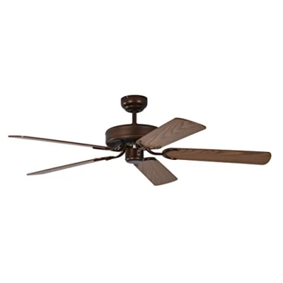 Imagen de Pepeo Potkuri ventilador de techo sin luz, carcasa bronce viejo, aspas reversibles color roble con insertos ratán, 132 cm, para habitaciones hasta 25 m²