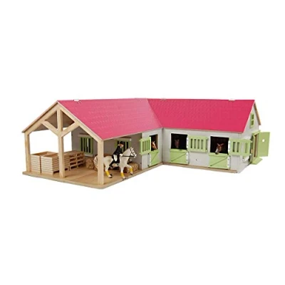 Imagen de Kids Globe Farming Riding Farm Pink Horse Stable Wooden 1:24 with 3 Boxes Toy Practical Folding Roof, for All Standard Animal Figures 610210