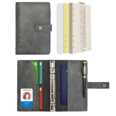 Imagen de Wonderpool Carpetas Diario de cuero Cuaderno recargable en espiral Papel cuadrícula puntos y bolsillos interiores real para viajes escolares Trabajo (Gris, A6)