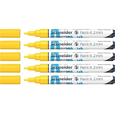 Imagen de Schneider 120105 Paint It Lápices acrílicos (con punta redonda de 2 mm, pinturas acrílicas alta cobertura para madera, lienzo, piedra, etc.), 5 unidades, color amarillo