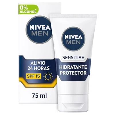 Imagen de NIVEA MEN Sensitive hidratante protector FP15 (1 x 75 ml), 0% alcohol antirritación crema facial para hombres con piel sensible, solar