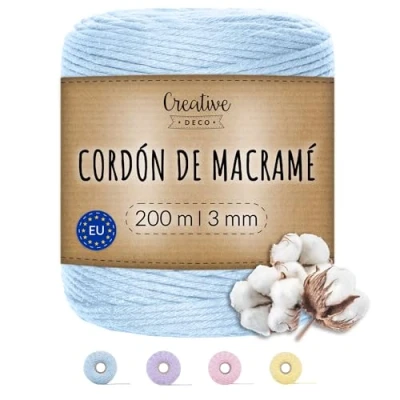 Imagen de Creative DECO 3mm x 200 m Cuerda Macramé Hilo Algodón Poliéster Azul Pastel Espesor + 0.5 mm Cordón Rollo Grande Natural Grueso Fuerte Decoración Manualidades Artesanía Bricolaje y Embalaje