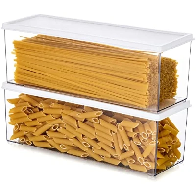 Imagen de Hanobe Contenedores de pasta para despensa, recipiente grande espaguetis, fideos y lasaña, 2 recipientes rectangulares gris transparente con tapas bloqueo, gabinete cocina, encimera