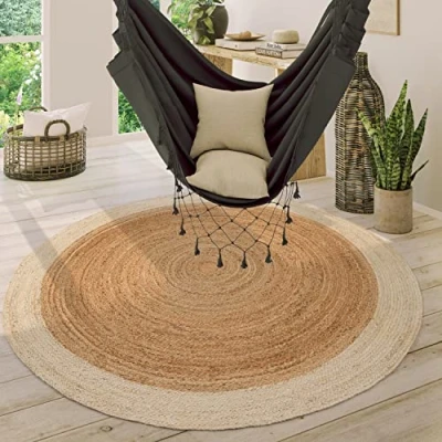 Imagen de Paco Home Alfombra Redonda Salón Yute Boho Motivo Étnico Moderno Hecha A Mano Natural, tamaño:80 cm Redon, Color:Marfil