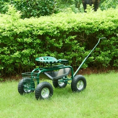 Imagen de pro.tec Asiento de Jardinería Casarano con Ruedas Taburete Móvil Carrito para Trabajo en Jardín Taller Bandeja y Cesta Malla Altura del Asa Ajustable Acero 81 x 45 cm Verde Negro