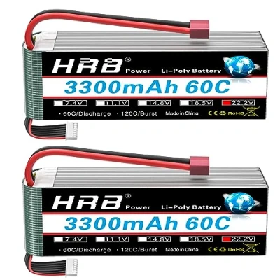 Imagen de HRB Lote de 2 pilas LiPo (6S, 3300 mAh, 22,2 V, 60 C, incluye T Plug for RC Car Boat Truck Heli Airplane (Dean T)