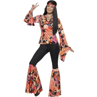 Imagen de Smiffys Disfraz de chica hippy, Multicolor, con parte arriba, pantalón, pañuelo para el cuello y medallón