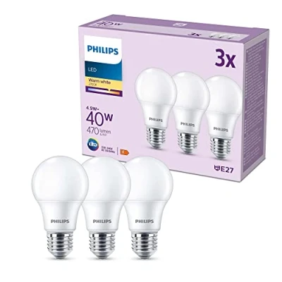 Imagen de Philips Bombilla Led estándar 4.9W (Eq. 40W) 470 lúmenes, casquillo E27,Luz Blanca Cálida (2700k) Pack 3 bombillas