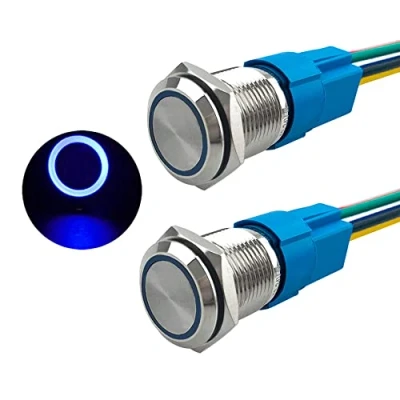 Imagen de Aiqeer 2 Piezas 16 mm Interruptores de Botón Momentáneo, 12V / 24V 5A Interruptor LED Azul, Pulsador Metálico Impermeable, con Enchufe Precableado