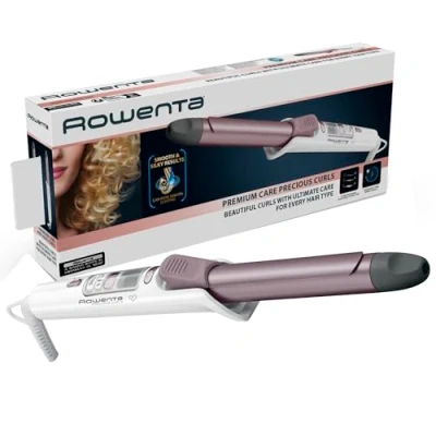 Imagen de Rowenta Precious Curl CF3460 Rizador con recubrimiento Keratin and shine, temperatura hasta 200 C, cable 360 y pantalla LCD, 25 mm de diámetro, Color Rosa
