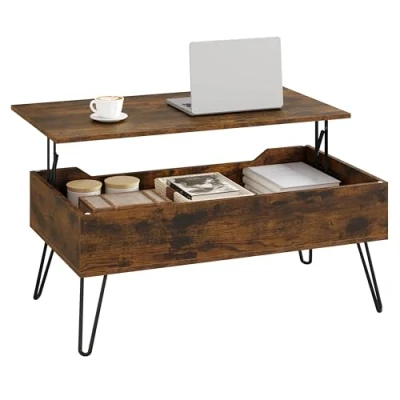 Imagen de WOLTU Mesa de Centro Elevable, Salon con Espacio Interno, Elevable y Extensible, Auxiliar Patas Metálicas para Salón, 95x50x(40 55,5) cm, Marrón rústico, BTS18vbn