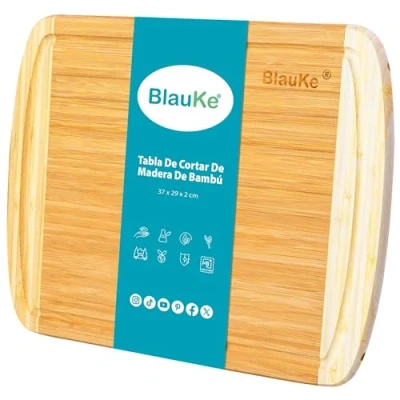 Imagen de BlauKe® Tabla de Cortar para Cocina, Madera Bambú (Grande 37x29cm) Carnes, Verduras, Quesos, Pan, Embutidos Bandeja Servir Comida