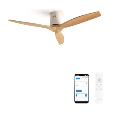 Imagen de CREATE / WINDCALM/Ventilador de techo blanco madera natural con Wifi y mando 40W, Silencioso, Ø132 cm, 6 velocidades, temporizador, función verano invierno