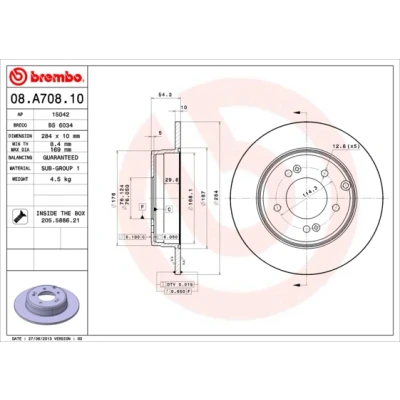 Imagen de BREMBO COATED DISC LINE 08.A708.11 Disco de freno 284 10 5 macizo revestido con tornillos HYUNDAI: SONATA V, ix35, 6, KIA: Optima / K5