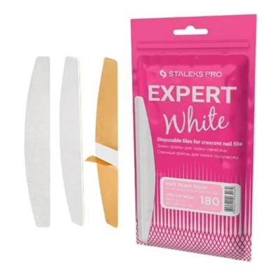 Imagen de STALEKS PRO Recambio de limas uñas con base soft foam adhesivas desechables blancas forma media luna. Expert 40, 30 uds (Grano 180)