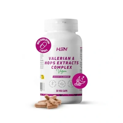 Imagen de HSN Extracto de Valeriana y Lúpulo Complex 30 Cápsulas Vegetales Raíz officinalis (0,8% ácido valeriánico) + Flor Humulus lupulus (2,5% flavona) No GMO, Vegano, Sin Gluten
