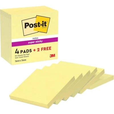 Imagen de Post it Super Sticky Notas, Canary Yellow, 76 mm x mm, 90 hojas/bloc, 4 blocs/paquete + 2 GRATIS Notas Extra Adhesivas para Listas de Tareas y Recordatorios