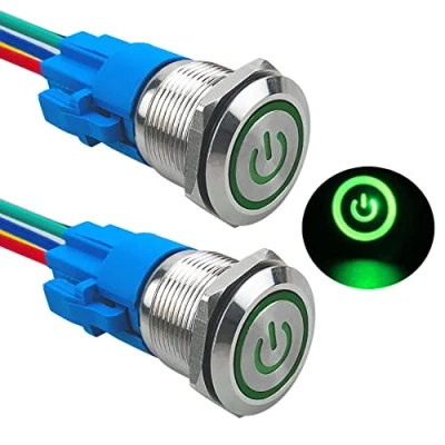 Imagen de Aiqeer 2 Piezas 19 mm Interruptores de Botón Autoblocante, 12V / 24V 5A Interruptor LED Verde, Pulsador Metálico Impermeable, con Enchufe Precableado