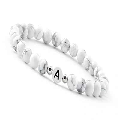 Imagen de GD GOOD.designs EST. 2015 Pulsera de perlas Letra la pareja Blanco con cuentas howlita genuina I Regalo para personalizada