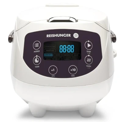Imagen de Reishunger Mini Olla Arrocera Eléctrica y Vaporera en Blanco hasta 3 Personas (0.6 l) Hervidor de Arroz Con 8 Programas Pantalla LED Función Automática Mantenimiento del Calor