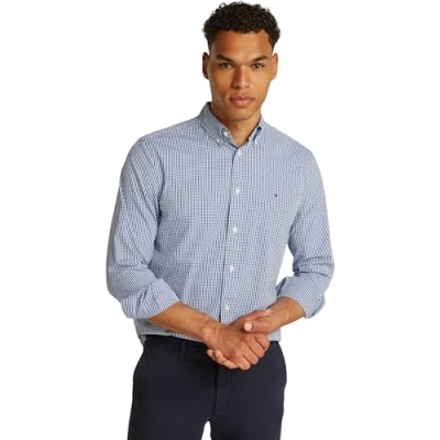 Imagen de Tommy Hilfiger Flex Poplin Gingham RF Shirt MW0MW37548 Camisa L/S, Blue (Wedge Blue/Optic White), L para Hombre