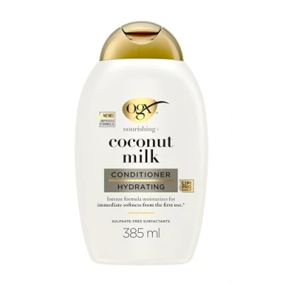 Imagen de OGX Nourishing + Coconut Milk Conditioner (385 ml), acondicionador hidratante con leche y aceite de coco proteína hidrolizada, sin sulfatos, para cabello seco