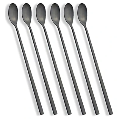 Imagen de AOOSY Paquete de 6 cucharas café con Leche Mango Largo Mezclador Helado Acero Inoxidable Cuchara para Mezclar Ideal Té batir sundeas(negro)