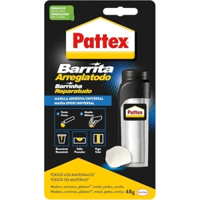 Imagen de Pattex Barrita Arreglatodo, masilla bicomponente extrafuerte, pasta moldeable para pegar y reparar, resina epoxi barnizable lijable múltiples materiales, tubo 48 g