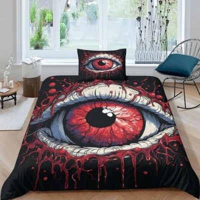 Imagen de Juego de Cama Tema Terror Microfibra, Funda Nórdica con Ojos, Niños Adultos,niñas, 3D Microfibra Suave Edredon Single（135x200cm）