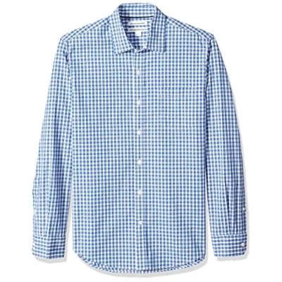 Imagen de Amazon Essentials Camisa de Popelín Manga Larga y Ajuste Entallado Hombre, Azul A Cuadros, L