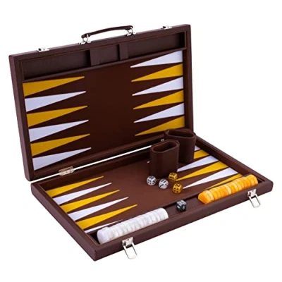 Imagen de Engelhart Backgammon de Lujo 45,5 cm Piel Simili, Incrustaciones Especiales Fieltro Dados y fichas nacaradas + 2 Tazas (Castaño/Amarillo/Blanco)