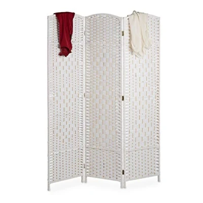 Imagen de Relaxdays Biombo 3 Paneles, 170 x 120 cm Aprox, Separador Ambientes Plegable, Madera y Cuerda de Papel, Blanco