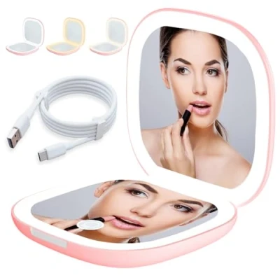 Imagen de espejo de bolsillo LED con aumento 1X/10X, luz, viaje luz regulable y 2 lados, mano plegable, regalo para niñas, color rosa