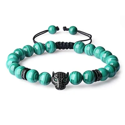 Imagen de COAI Pulsera Ajustable con Cuentas de Malaquita y Amuleto Leopardo