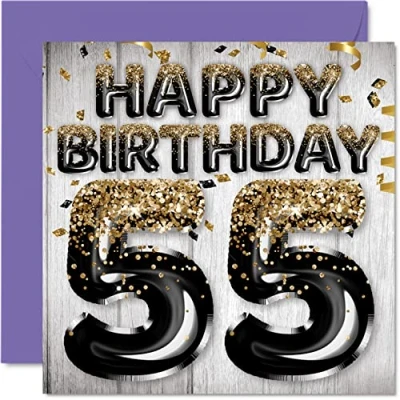 Imagen de Tarjeta de cumpleaños 55 para hombres, globos negros y dorados con purpurina, tarjetas feliz hombre años, papá, abuelo, tío grande, 145 mm x mm, cincuenta cinco
