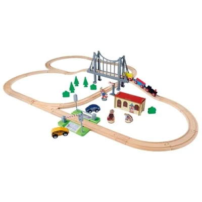 Imagen de Eichhorn Ferrocarril 100006204 Juego de ferrocarriles con Puente, 55 Piezas, Longitud Trazo 500 cm, Madera Haya certificada FSC, se Puede Instalar Otros Sistemas ferroviarios