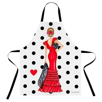Imagen de IllustrArte Delantal de cocina lavable y cómodo con diseño flamenca Manuela rojo fondo blanco lunares negros.