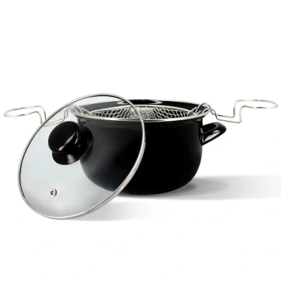 Imagen de MENASTYL 3645579 Freidora de 20 cm acero esmaltado negro y borde cromado, incluye tapa cesta, para deliciosas patatas fritas caseras