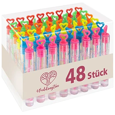 Imagen de WeddingTree 48 Pompas de Jabon Boda Colorido Pomperos con Mango en Forma Corazón para Bodas, Bautizos, Cumpleaños, San Valentín u Otras Celebraciones