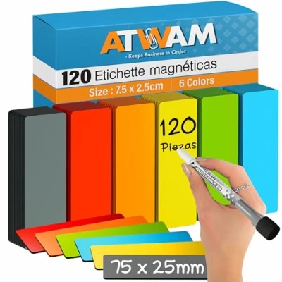 Imagen de ATWAM 120 Tiras Magnéticas Reescribibles 75 x 25 mm 6 Colores Scrum &amp; Kanban Imán Reescribible para Pizarras Magnéticas, Neveras