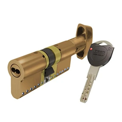 Imagen de Tesa Assa Abloy, TK1B3030L, Cilindro de Alta Seguridad, TK100, Doble Embrague, Leva Larga, Llave Botón, Latonado, 30 x mm
