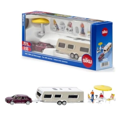 Imagen de siku 2542 Coche con caravana y accesorios, Incl. figuras accesorios de camping, 1:55, Metal/Plástico, Multicolor
