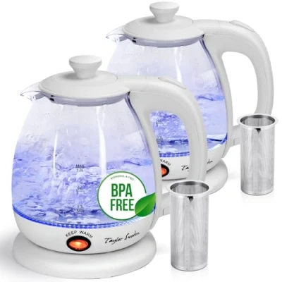 Imagen de Taylor Swoden 2 UDS Hervidor de cristal 1 litro, 2200W, agua eléctrico con iluminación LED libre BPA, función mantener caliente, infusor y filtro extraíble, Blanco