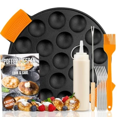 Imagen de IRONO Sartén de Hierro Fundido para Mini Panquecas Panquequera Pancakes Sarten 19 Panqueques, Poffertjes, Crepes,Tortitas Incluye Cepillo Mantequilla, Tenedor, asas, Botella la Masa